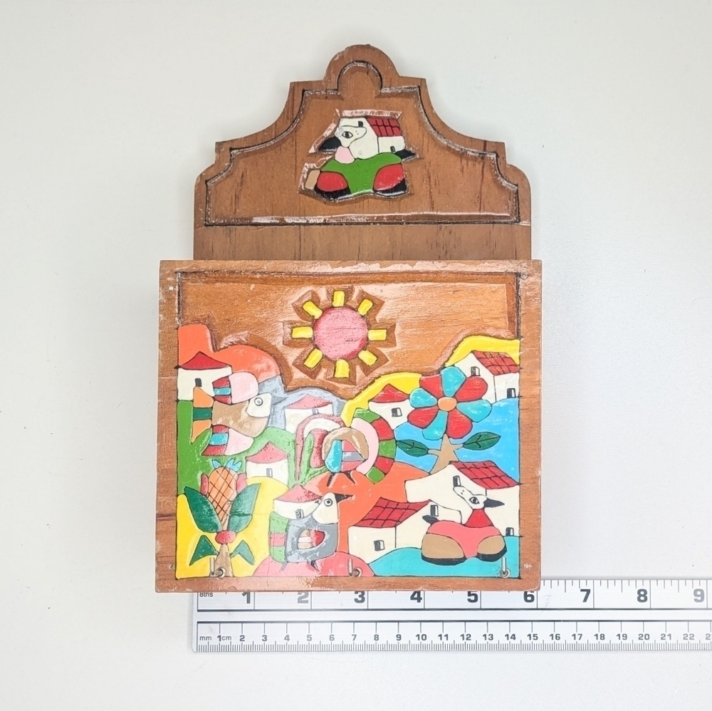 Vintage La Palma El Salvador Hand Painted Folk Mosaic Wood Letter Box Key Hook - Picture 2 of 5